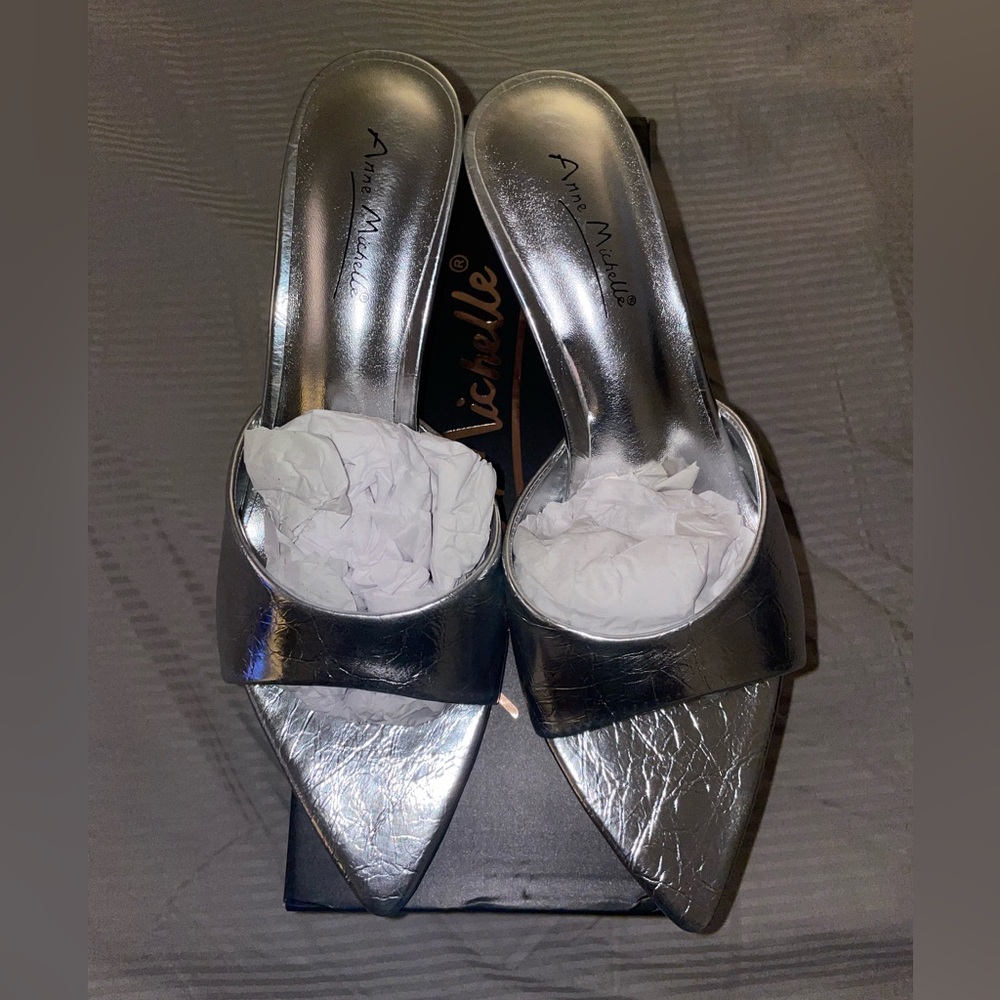 New silver metallic heels, size 8